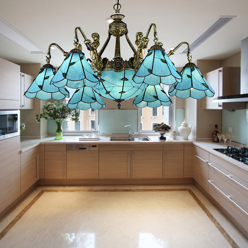 Tiffany Blue Stained Glass Chandelier - 9-Light Dining Room Ceiling Lamp