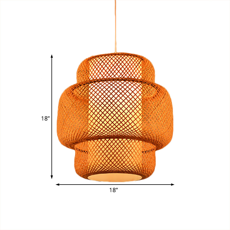 Lantern-Shaped Hanging Light With Cross-Woven Asian Bamboo Design - 18/19.5 W 1 Suspension Lamp For