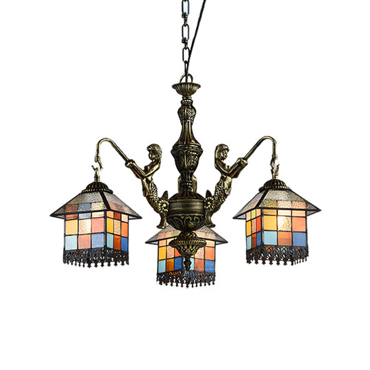 Small House Pendant Chandelier - Stained Glass Tiffany Hanging Fixture with 3 Clear/Blue Lights