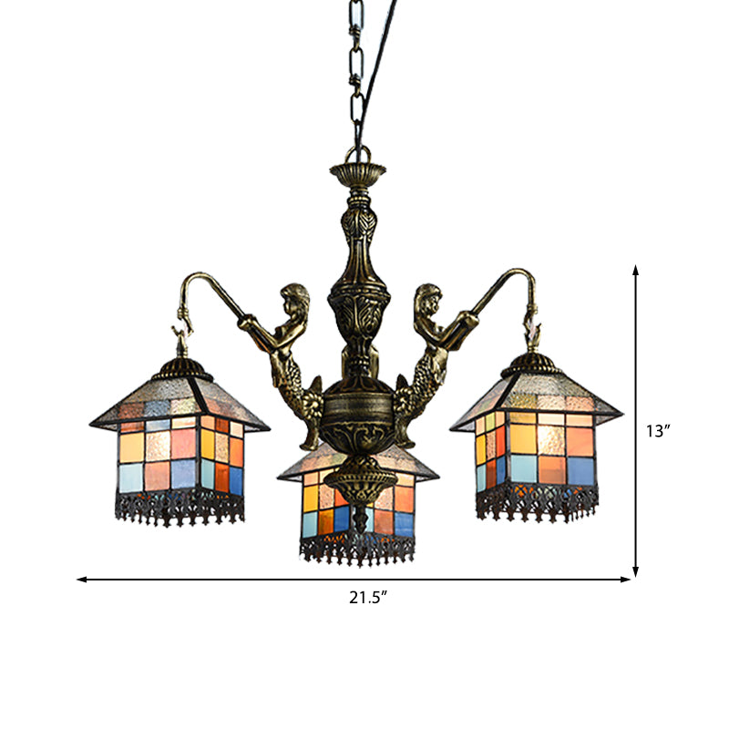 Stunning Tiffany Stained Glass Pendant Chandelier With 3 Lights - Small House Fixture In Clear/Blue