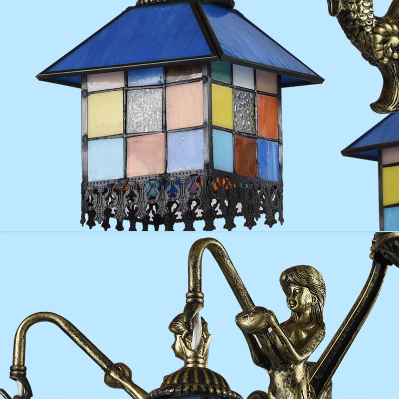 Small House Pendant Chandelier - Stained Glass Tiffany Hanging Fixture with 3 Clear/Blue Lights