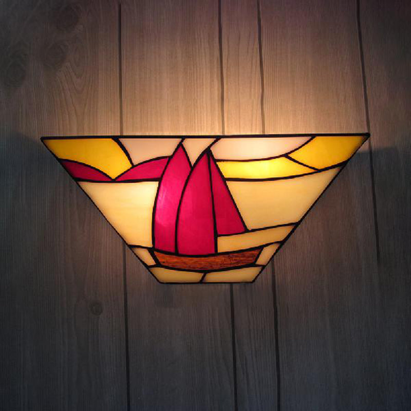 Sailboat Stained Glass Nautical Wall Sconce - Trapezoid Mount Light For Outdoor Use

With This