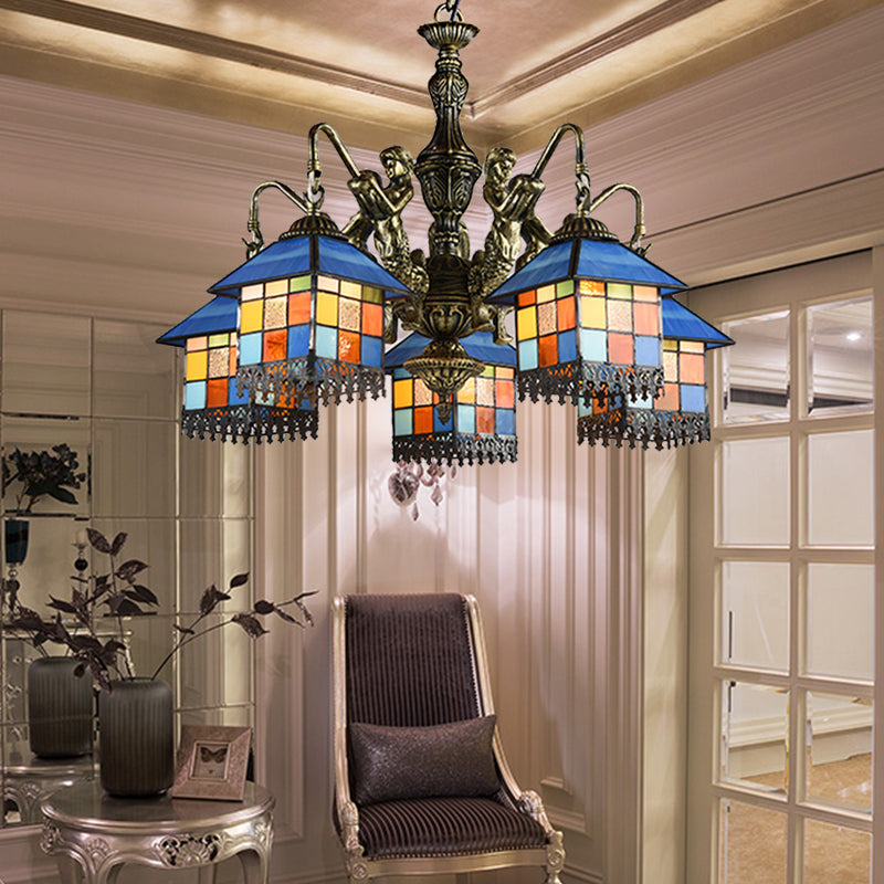 Tiffany-Style Stained Glass Chandelier with 5 Clear/Blue Pendant Lights for House Lighting