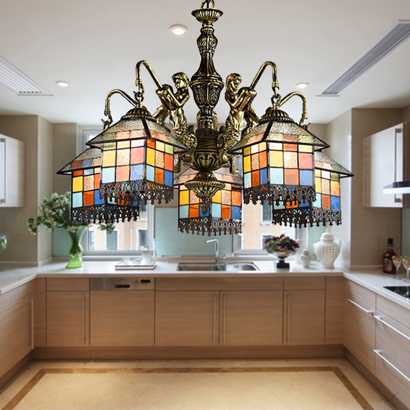 Tiffany-Style Stained Glass Chandelier with 5 Clear/Blue Pendant Lights for House Lighting