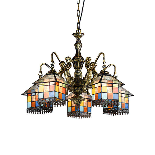 Tiffany Style 5-Light House Stained Glass Chandelier Lamp: Clear/Blue Pendant Lighting