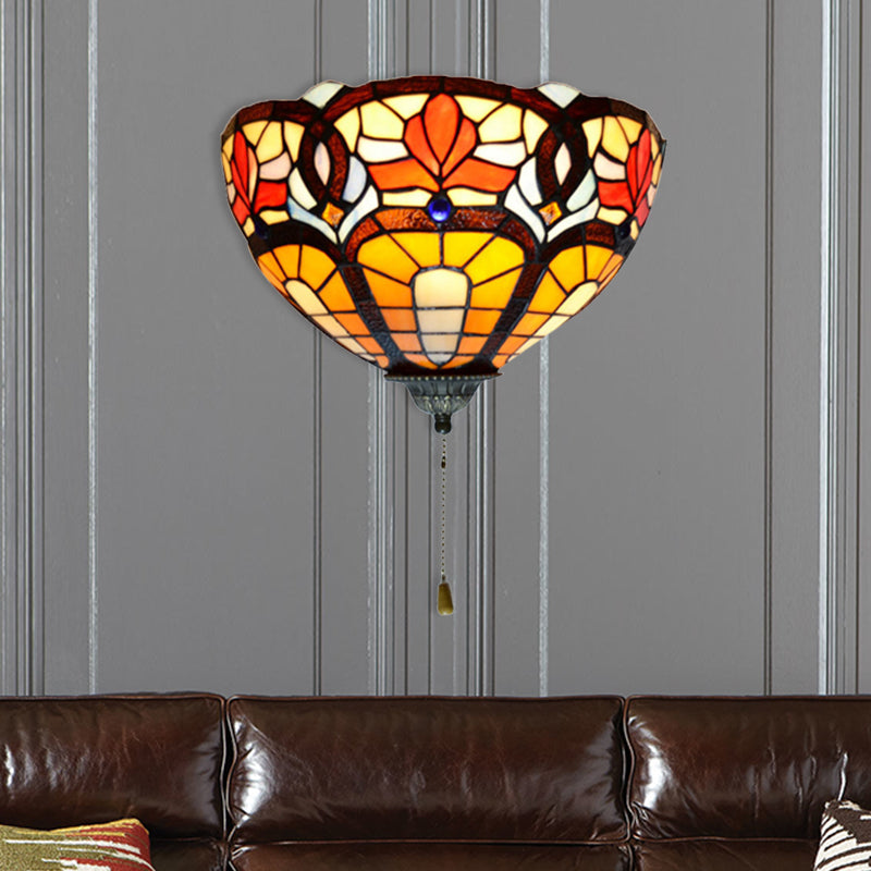 Victorian Stained Glass Floral Wall Lamp With Pull Chain - 1 Light Sconce Orange-Yellow