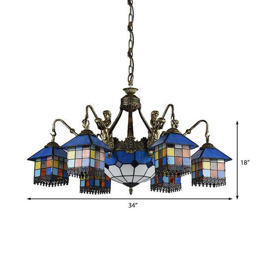 Clear/Blue Stained Glass Chandelier with 9 Tiffany Pendant Lights for Dining Room