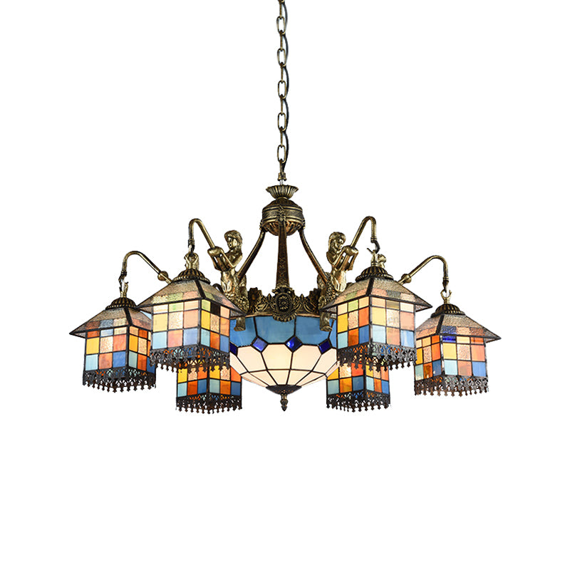 Clear/Blue Stained Glass Chandelier with 9 Tiffany Pendant Lights for Dining Room