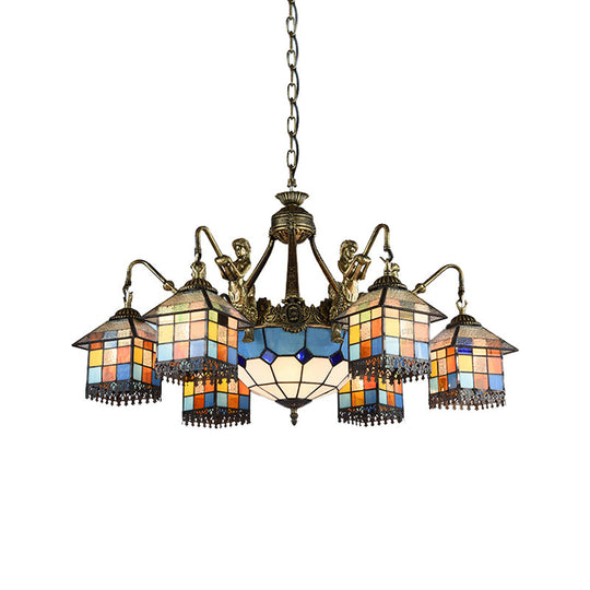 Clear/Blue Stained Glass Chandelier - Tiffany Pendant Lighting With 9 Lights For Dining Room