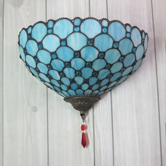Blue Stained Glass Tiffany Style Fish Scale Bowl Wall Mount Light