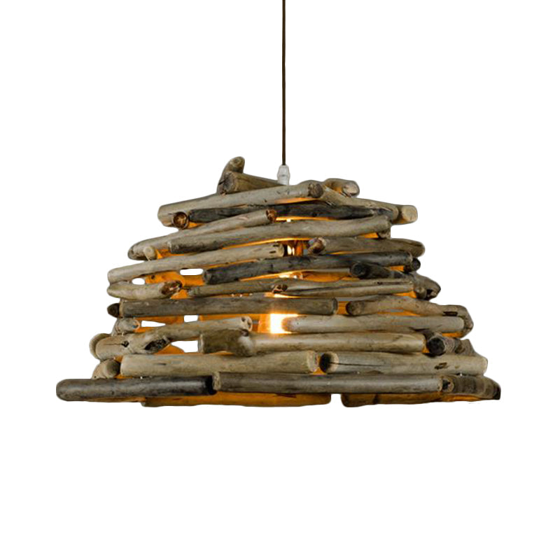 Country Style Wooden Stick Ceiling Light - 13/17 Wide Bowl Single Head Pendant For Farmhouse Décor