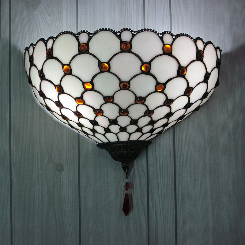 Vintage Outdoor Wall Sconce With White Glass Bowl Shade - Fish Scale Design 1 Light