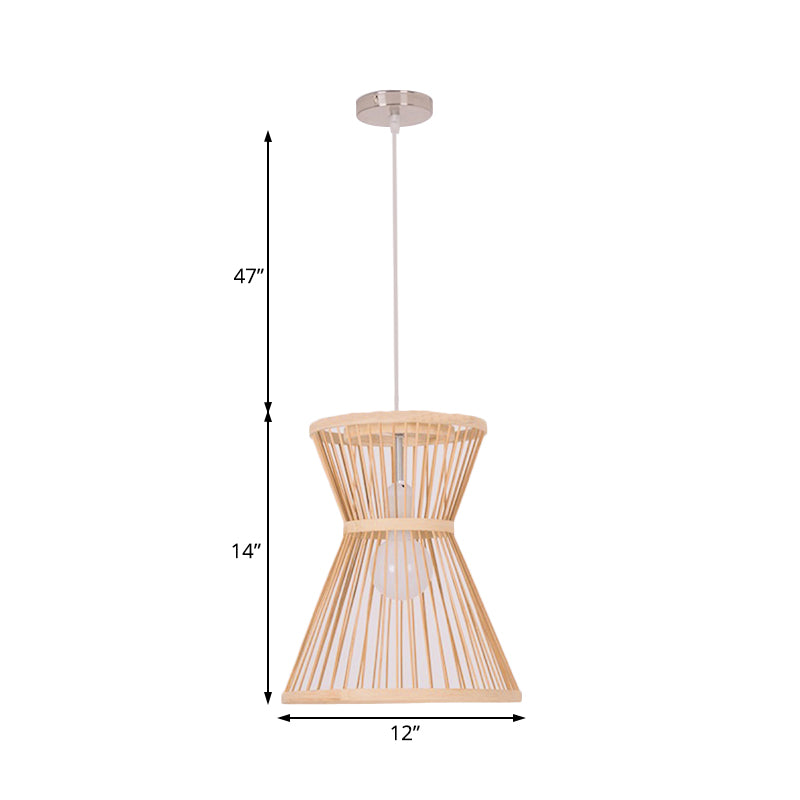 Asian Style Hourglass Pendant Lamp - Bamboo, 1 Bulb, Beige Suspension Light for Foyer