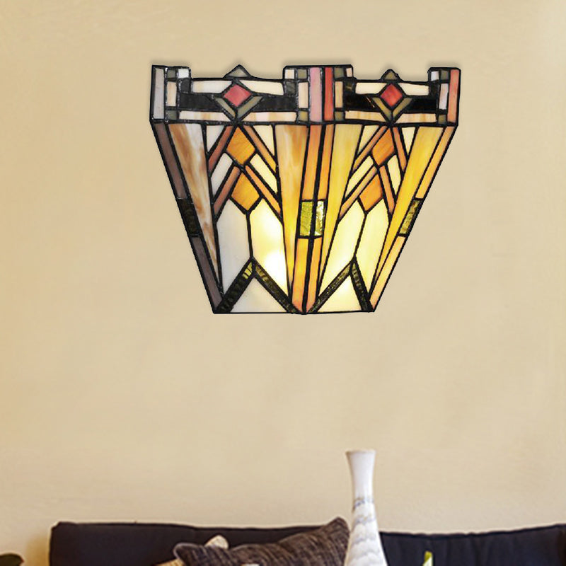 Craftsman Stained Glass Wall Lamp: Geometric Design 1 Light Sconce In Beige For Living Room Lighting