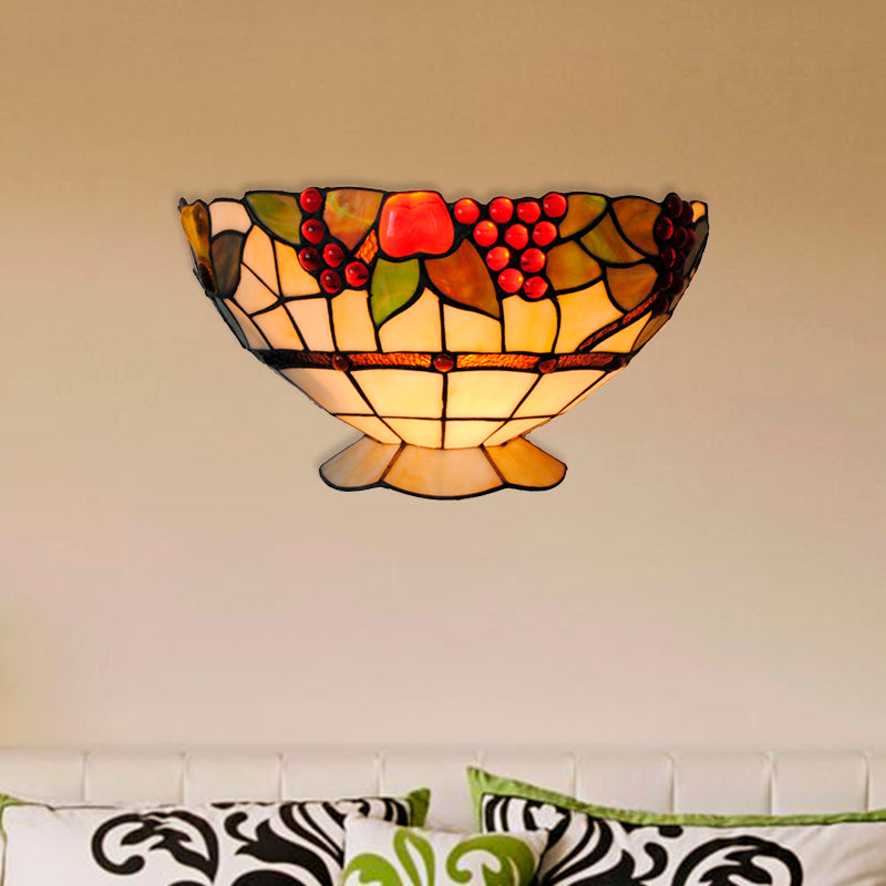 Art Deco Fruit Pattern Stained Glass Wall Sconce With Bowl Design Beige