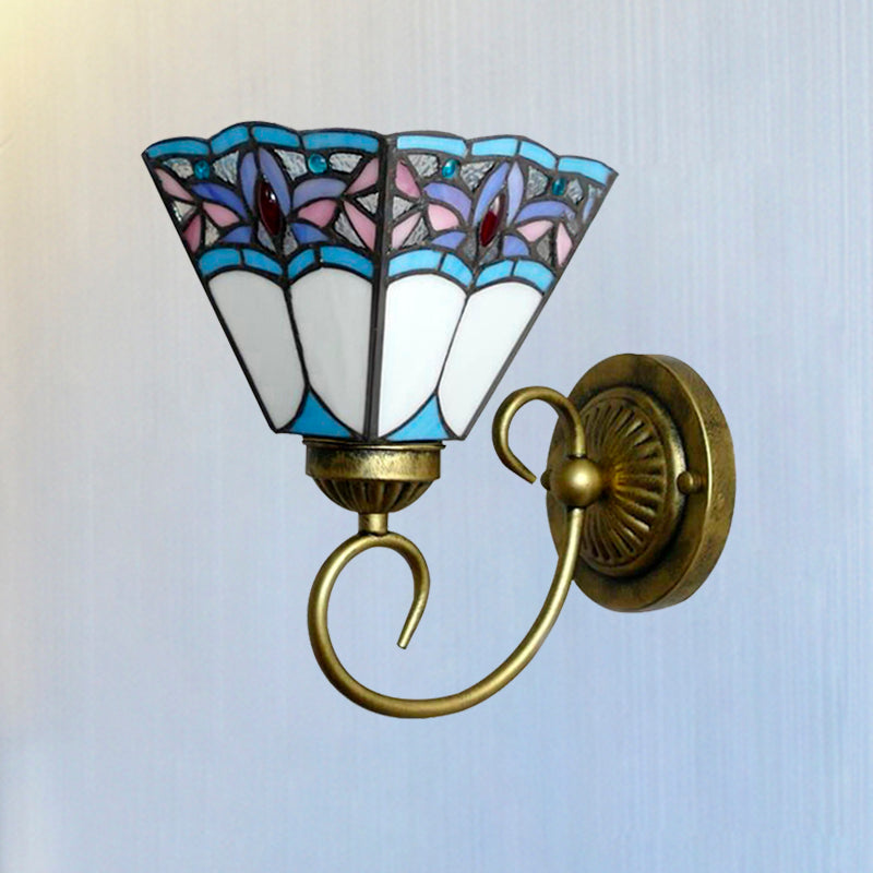 Tiffany Cone Purple-Blue Glass Sconce Light Fixture With Scrolling Arm - 1 Head Wall Purplish Blue