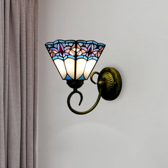 Tiffany Cone Purple-Blue Glass Sconce Light Fixture With Scrolling Arm - 1 Head Wall