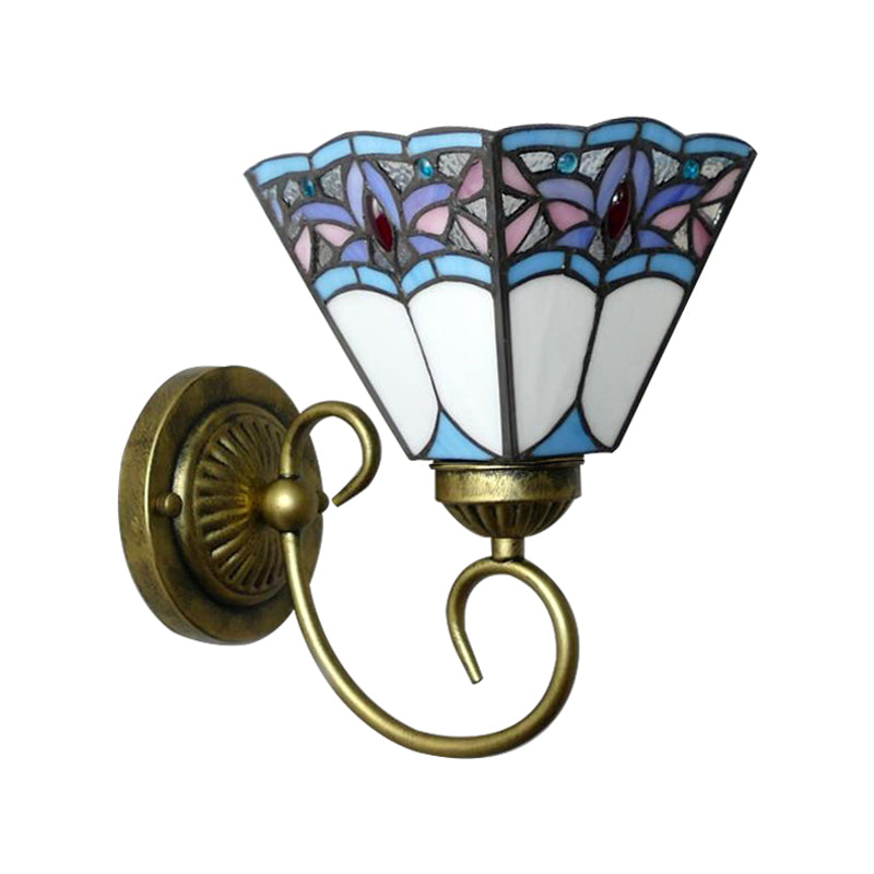 Tiffany Cone Purple-Blue Glass Sconce Light Fixture With Scrolling Arm - 1 Head Wall