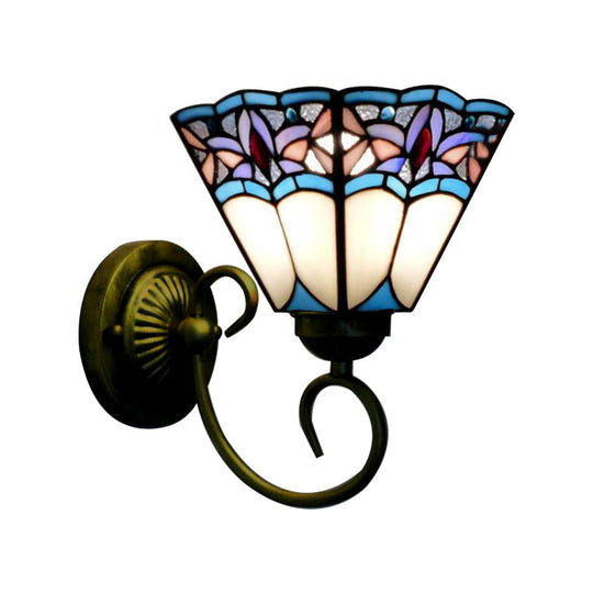 Tiffany Cone Purple-Blue Glass Sconce Light Fixture With Scrolling Arm - 1 Head Wall