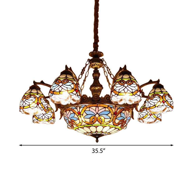 Tiffany Stained Glass Pendant with Flower Decoration and Cord: Bowl Hanging Ceiling Light
