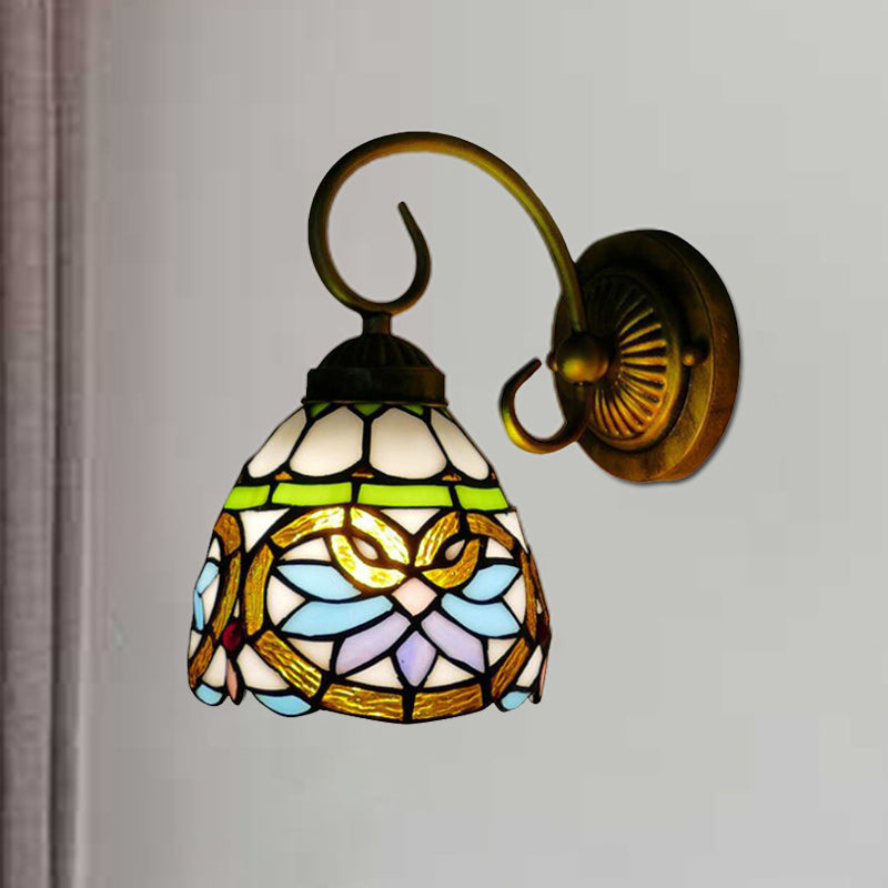 Victorian Stained Glass Dome Wall Light Fixture - Antique Brass Sconce For Bedroom Lighting