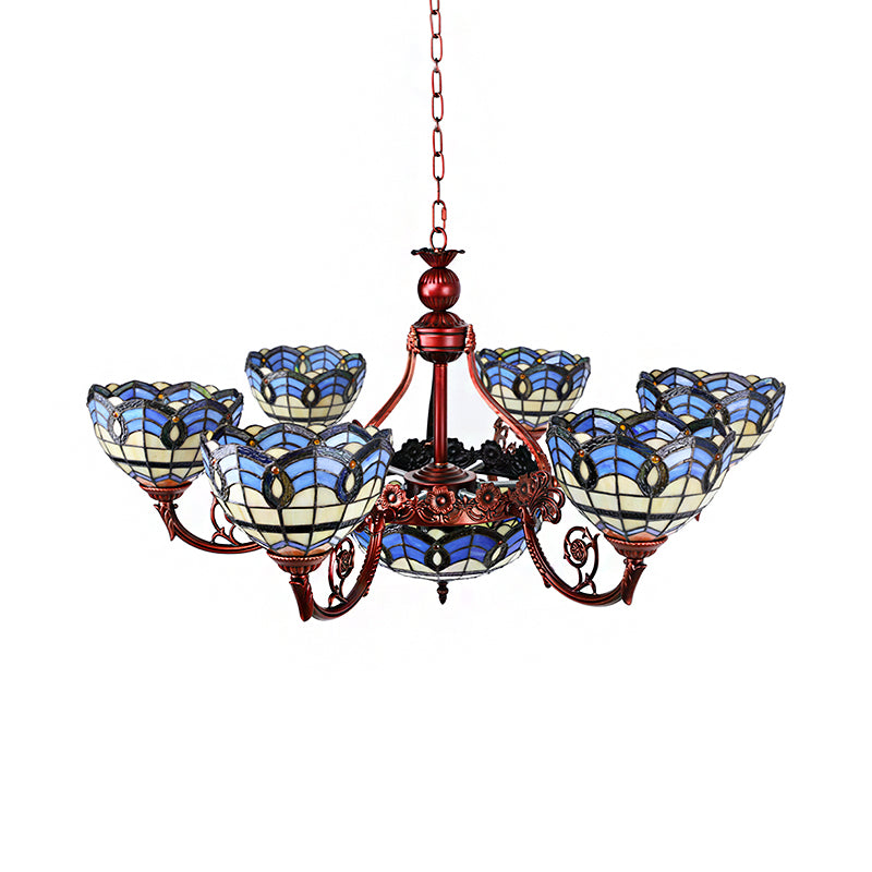 Tiffany Copper Finish Chandelier Light with Suspended Bowl Glass Shades & 7/9 Heads in Blue/Yellow