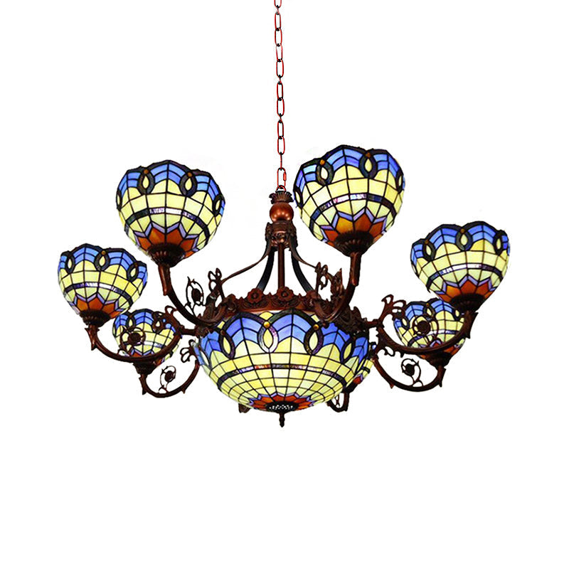 Tiffany 7/9 Heads Chandelier Light With Copper Finish And Bowl Glass Shade In Blue/Yellow