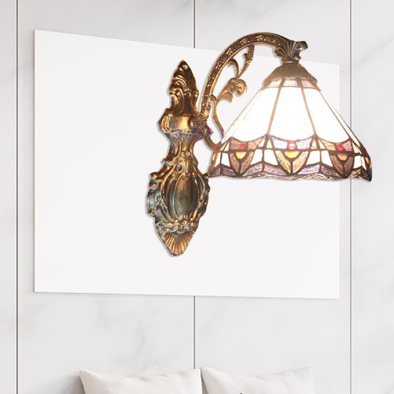Stained Glass Cone Wall Mount Sconce Light - Tiffany Inspired Design For Bedroom Antique Bronze