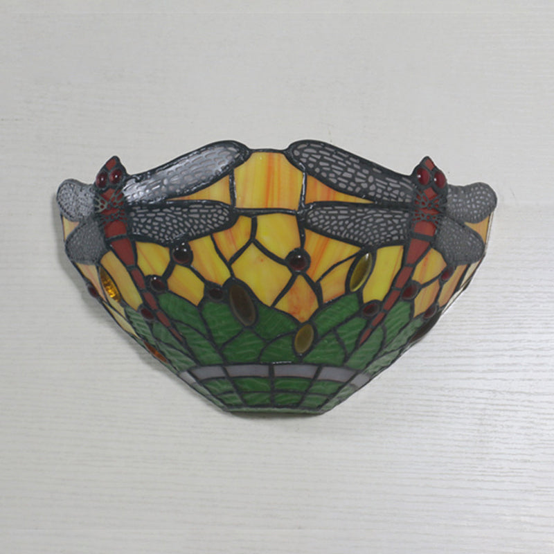 Dragonfly Bowl Shade Wall Light - Rustic Stained Glass Sconce Lighting Yellow-Green