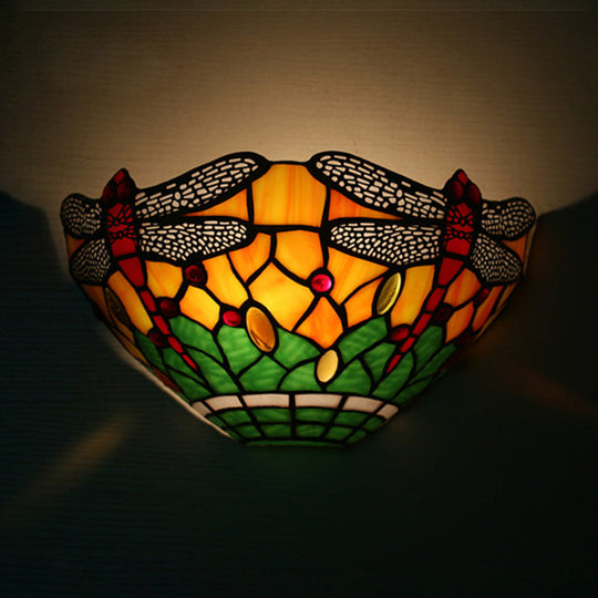 Dragonfly Bowl Shade Wall Light - Rustic Stained Glass Sconce Lighting