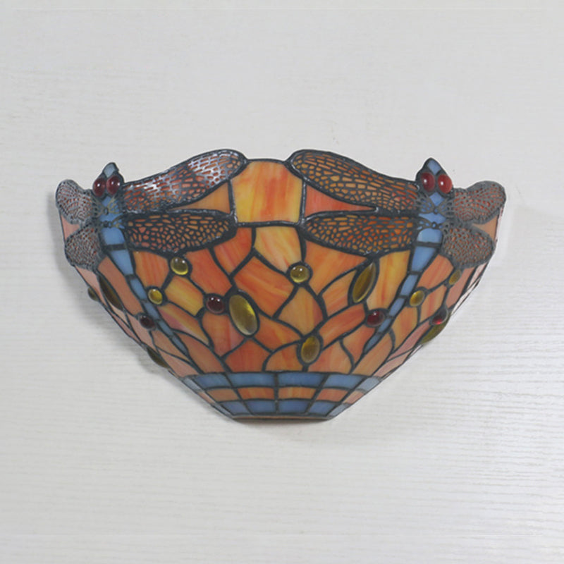 Tiffany Style Dragonfly Wall Sconce In Orange Stained Glass - 1-Light Lighting