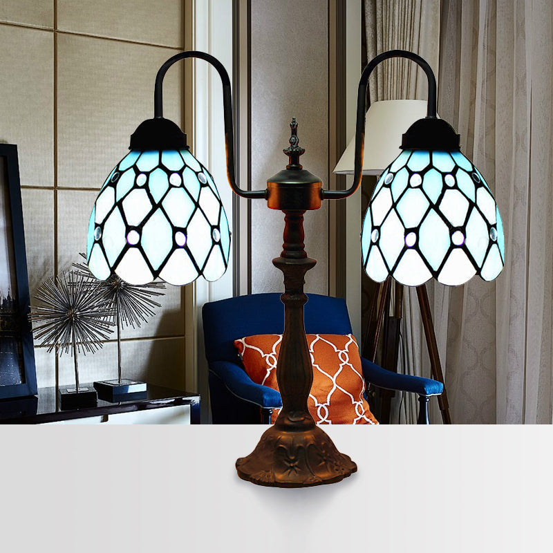 Vintage Stained Glass Dome Table Lamp With Industrial Accent In Blue - 2 Lights Ideal For Bedside
