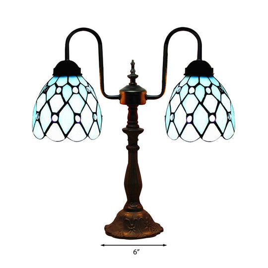 Vintage Stained Glass Dome Table Lamp With Industrial Accent In Blue - 2 Lights Ideal For Bedside