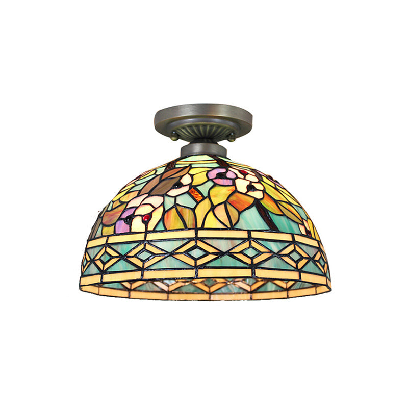 Antique Bronze Tiffany Style Art Glass Semi Flushmount Light With 2 Dome Lights For Corridor