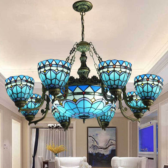 Blue Stained Glass Vintage Hanging Lamp: 9-Light Inverted Chandelier For Living Room