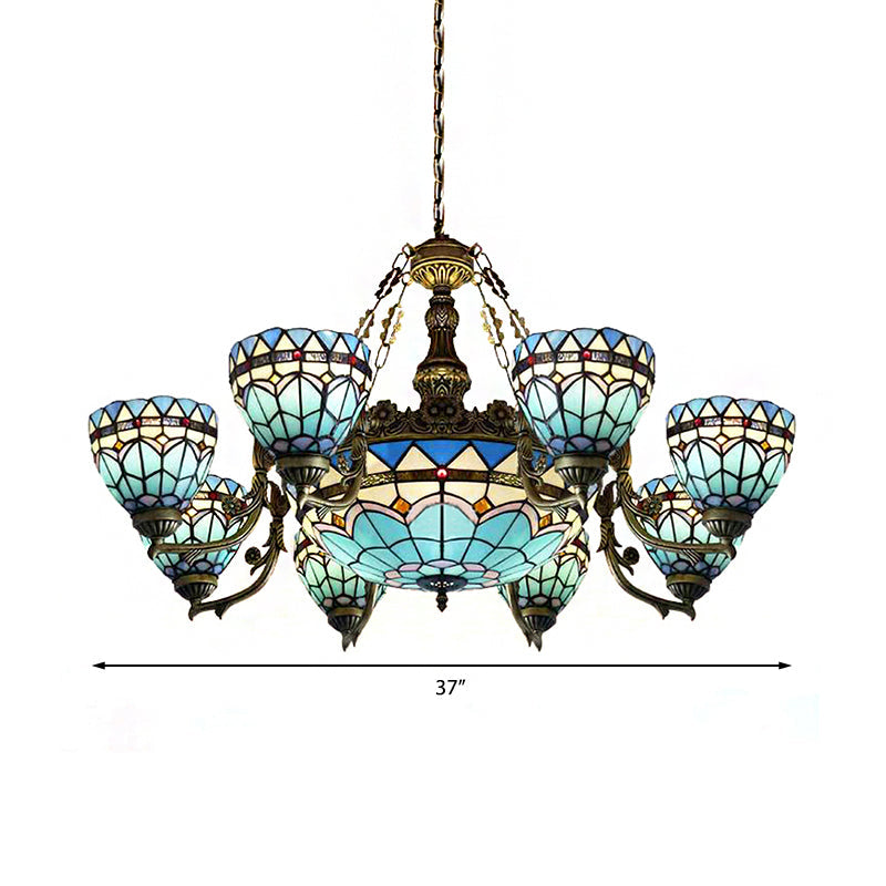 Vintage Stained Glass Hanging Lamp: Blue Domed Inverted Chandelier with 9 Lights for Living Room