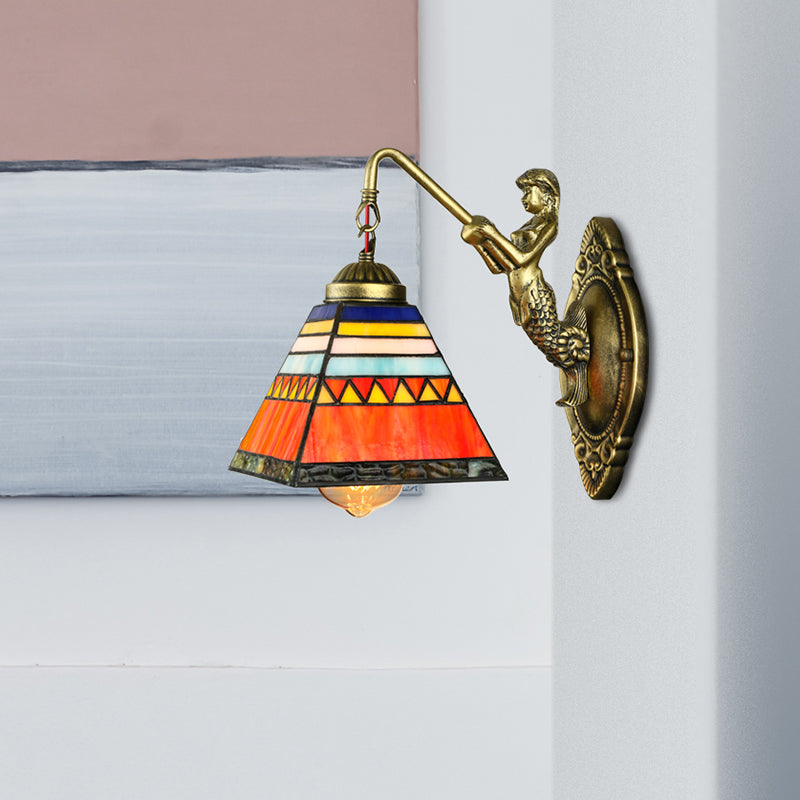 Tiffany Stained Glass Wall Sconce With Orange Pyramid Design