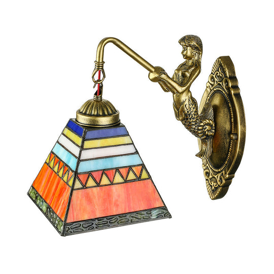 Tiffany Stained Glass Wall Sconce With Orange Pyramid Design