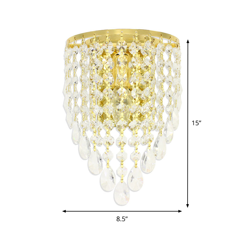 Vintage Metal Tapered Wall Mount Light Sconce With Clear Crystal Draping - 10/15 W 1 Bulb Elegant