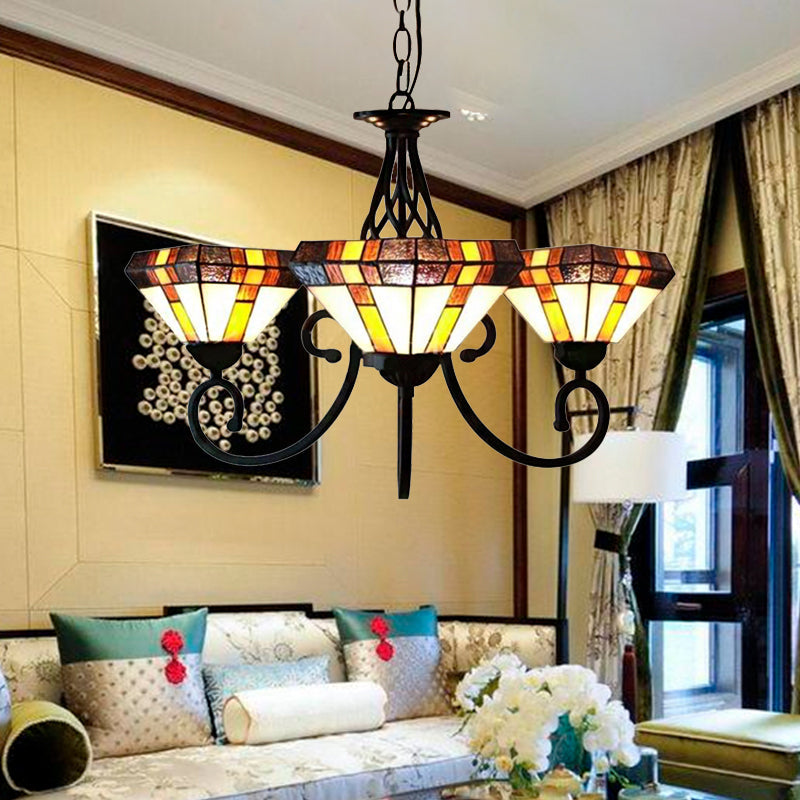 3-Head Pyramid Chandelier: Tiffany Stained Glass Inverted Lighting for Living Room