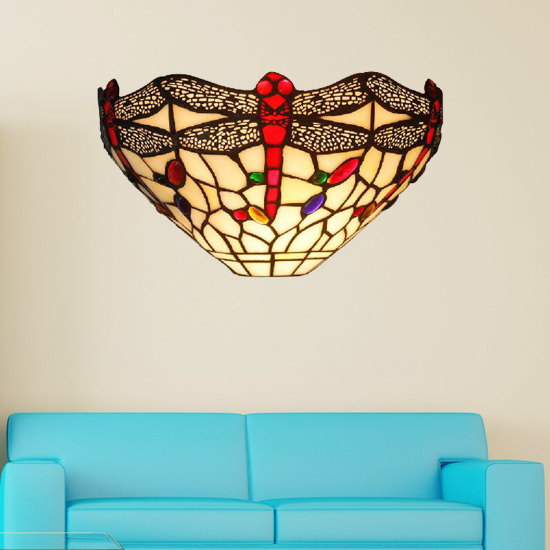 Dragonfly Wall Sconce: Art Deco Rustic Stained Glass Light In White