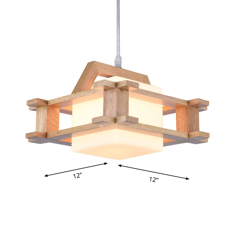 Modern Cube Suspension Pendant Light With Wood Guard Glass - Beige For Bedroom