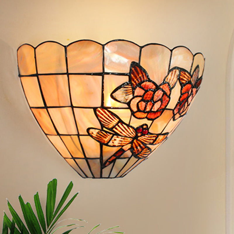 Tiffany Style Beige Wall Lamp With Handmade Shell Bowl Shade Elegant Rose And Dragonfly Pattern