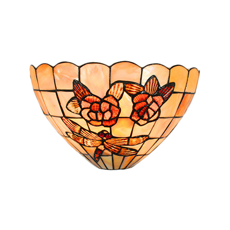 Tiffany Style Beige Wall Lamp With Handmade Shell Bowl Shade Elegant Rose And Dragonfly Pattern
