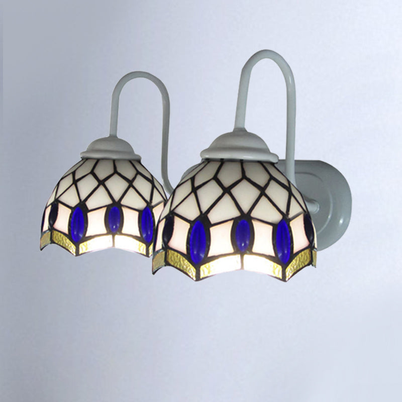Tiffany Stained Glass Wall Sconce With Blue Gem Decoration 2 Lights White