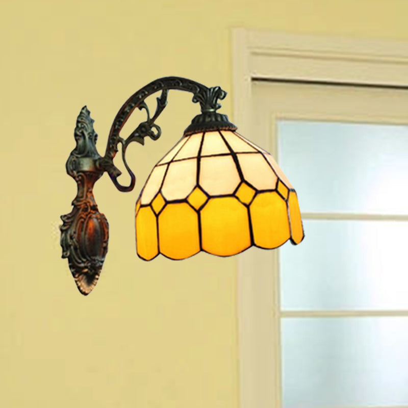 Tiffany Style Yellow Dome Wall Sconce With Curved Arm - 1 Light Mount Lamp