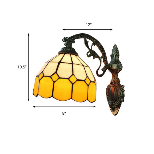 Tiffany Style Yellow Dome Wall Sconce With Curved Arm - 1 Light Mount Lamp