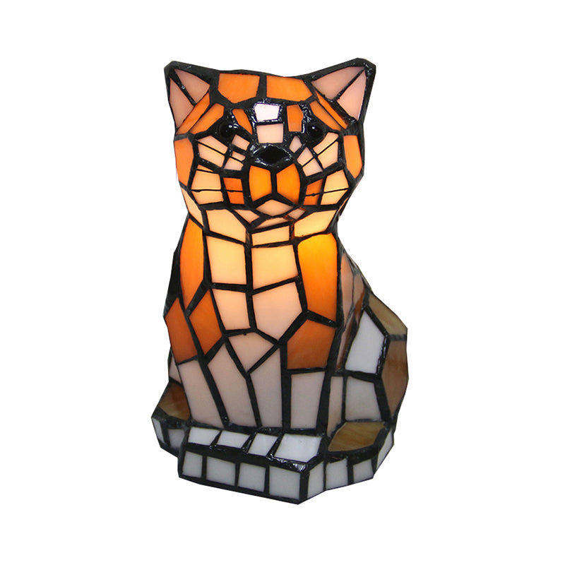 Tiffany Stained Glass Brown Cat Shade Accent Lamp Colorful Bedside Table With 1 Light