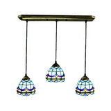 Vintage Stained Glass Bowl Ceiling Fixture - Blue Pendant With 3 Decorative Hanging Lights