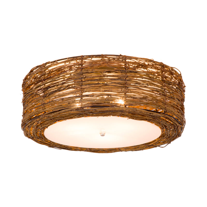 Modern 3-Light Rattan Flush Mount Ceiling Lamp - Hand-Woven Round Shade in Brown, 16"/19.5" Width